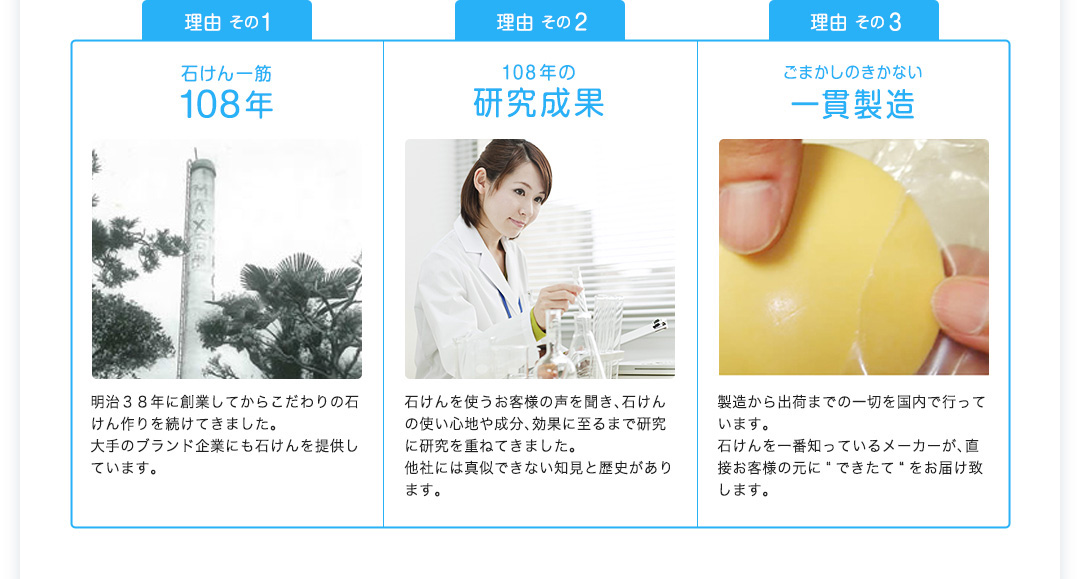 「石けん一筋108年」「108年の研究成果」「ごまかしのきかない一貫製造」
