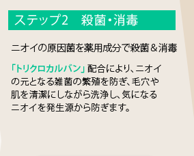 ステップ2 殺菌・消毒。ニオイの原因菌を薬用成分で殺菌＆消毒。「トリクロカルバン」配合により、ニオイの元となる雑菌の繁殖を防ぎ、毛穴や肌を清潔にしながら洗浄し、気になるニオイを発生源から防ぎます。