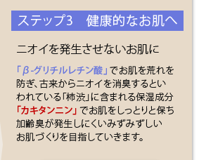 ステップ3　健康的なお肌へ。ニオイを発生させないお肌に。「β-グリチルレチン酸」でお肌を荒れを防ぎ、古来からニオイを消臭するといわれている「柿渋」に含まれる保湿成分「カキタンニン」でお肌をしっとりと保ち加齢臭が発生しにくいみずみずしいお肌づくりを目指していきます。