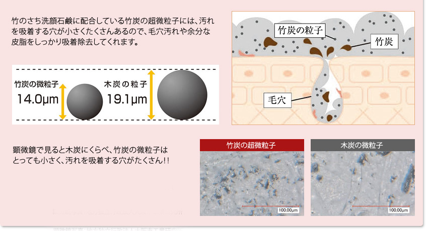 竹のさち洗顔石鹸に配合している竹炭の超微粒子には、汚れを吸着する穴が小さくたくさんあるので、毛穴汚れや余分な皮脂をしっかり吸着除去してくれます。顕微鏡で見ると木炭にくらべ、竹炭の微粒子はとっても小さく、汚れを吸着する穴がたくさん！！